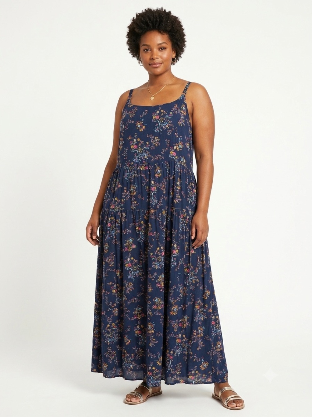 Plus Size 2X Navy Floral Tiered Maxi Strappy Pockets Sun Dress Woman Lady Summer